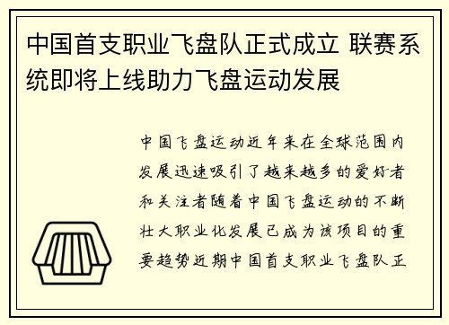 中国首支职业飞盘队正式成立 联赛系统即将上线助力飞盘运动发展